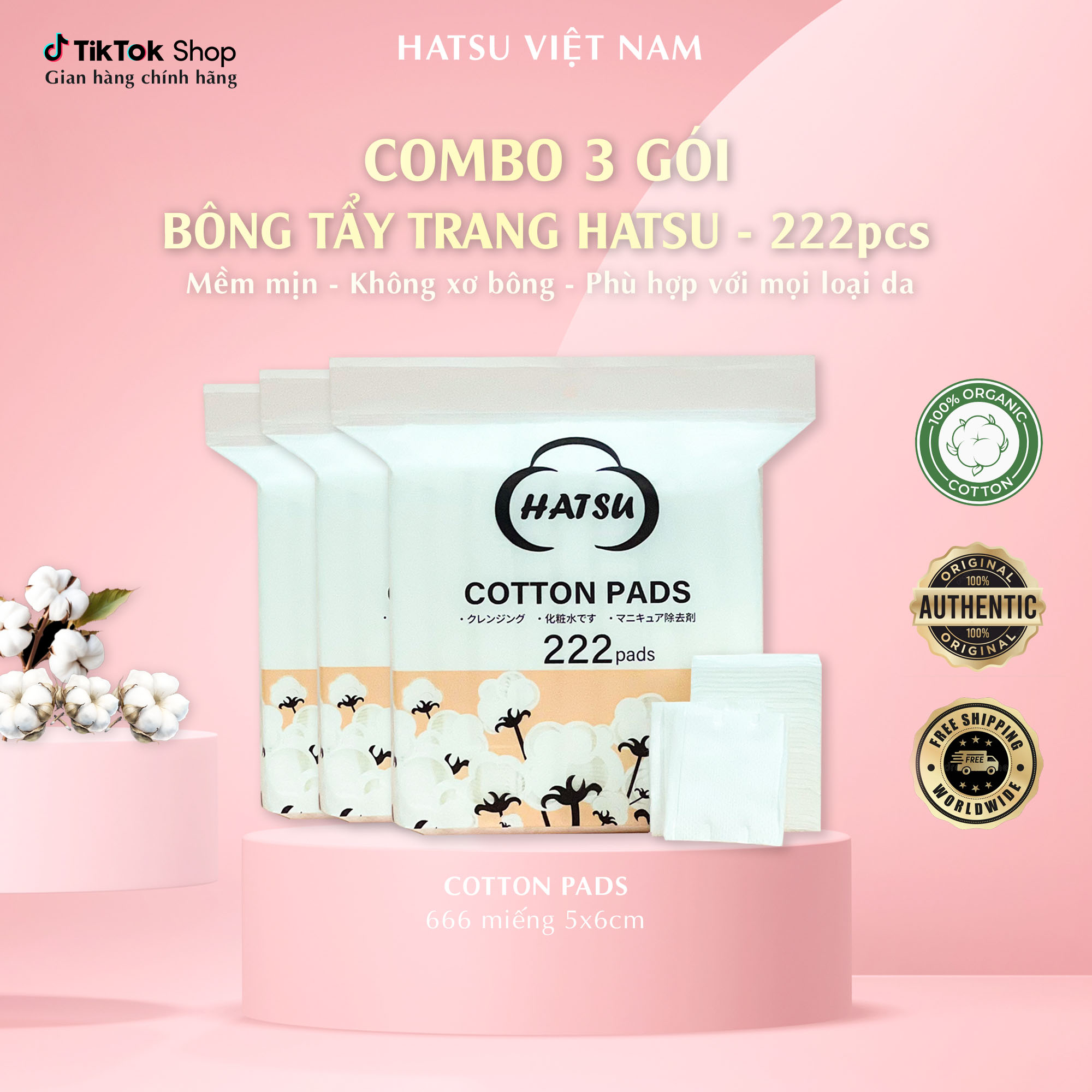 Bông Tẩy Trang HATSU 222 Miếng 5*6cm, Bông 3 Lớp Mềm Mại Không Kích Ứng