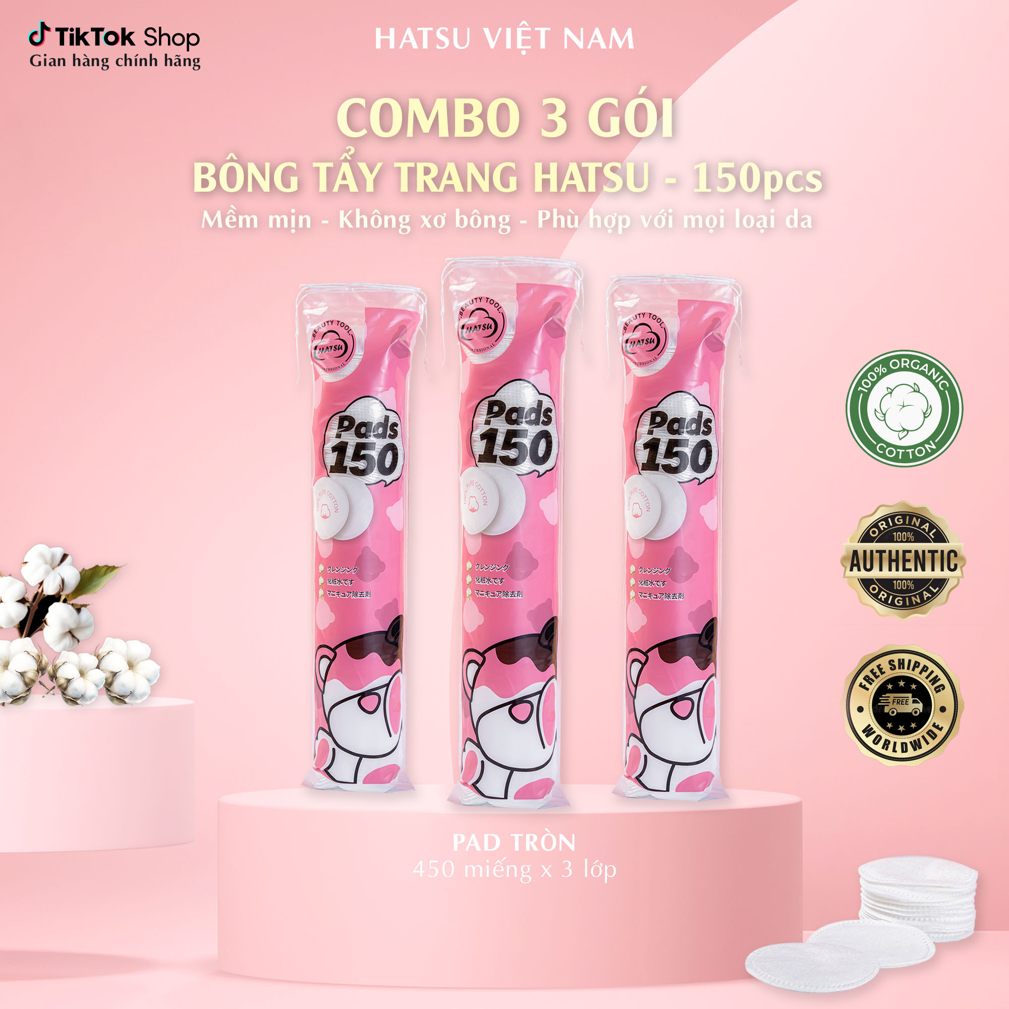 [Combo 3 gói] Bông Tẩy Trang Tròn 450 Miếng 3 Lớp Cotton Tự Nhiên Không Xơ Mềm Mịn Giúp Làm Sạch Bụi Bẩn Và Bã Nhờn Phù Hợp Mọi Loại Da