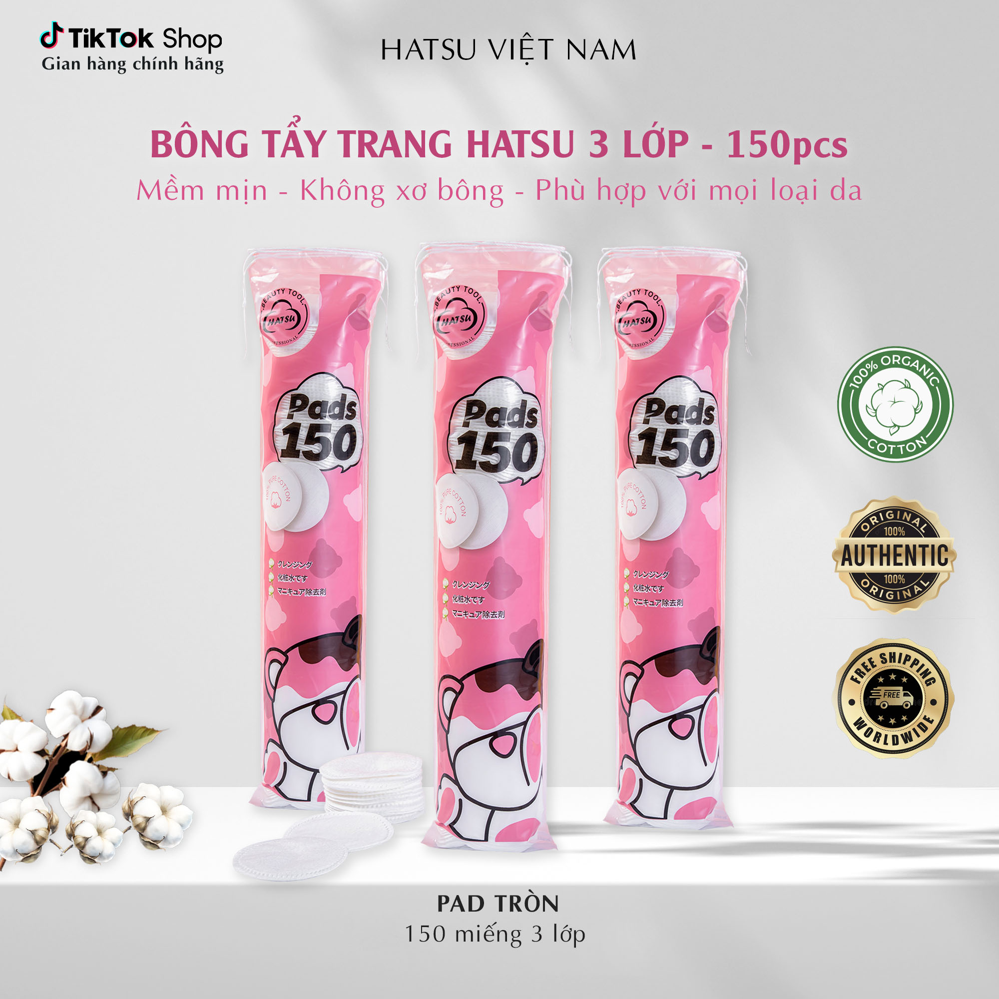 Bông Tẩy Trang Tròn 150 Miếng 3 Lớp Cotton Tự Nhiên Không Xơ Mềm Mịn Giúp Làm Sạch Bụi Bẩn Và Bã Nhờn Phù Hợp Mọi Loại Da