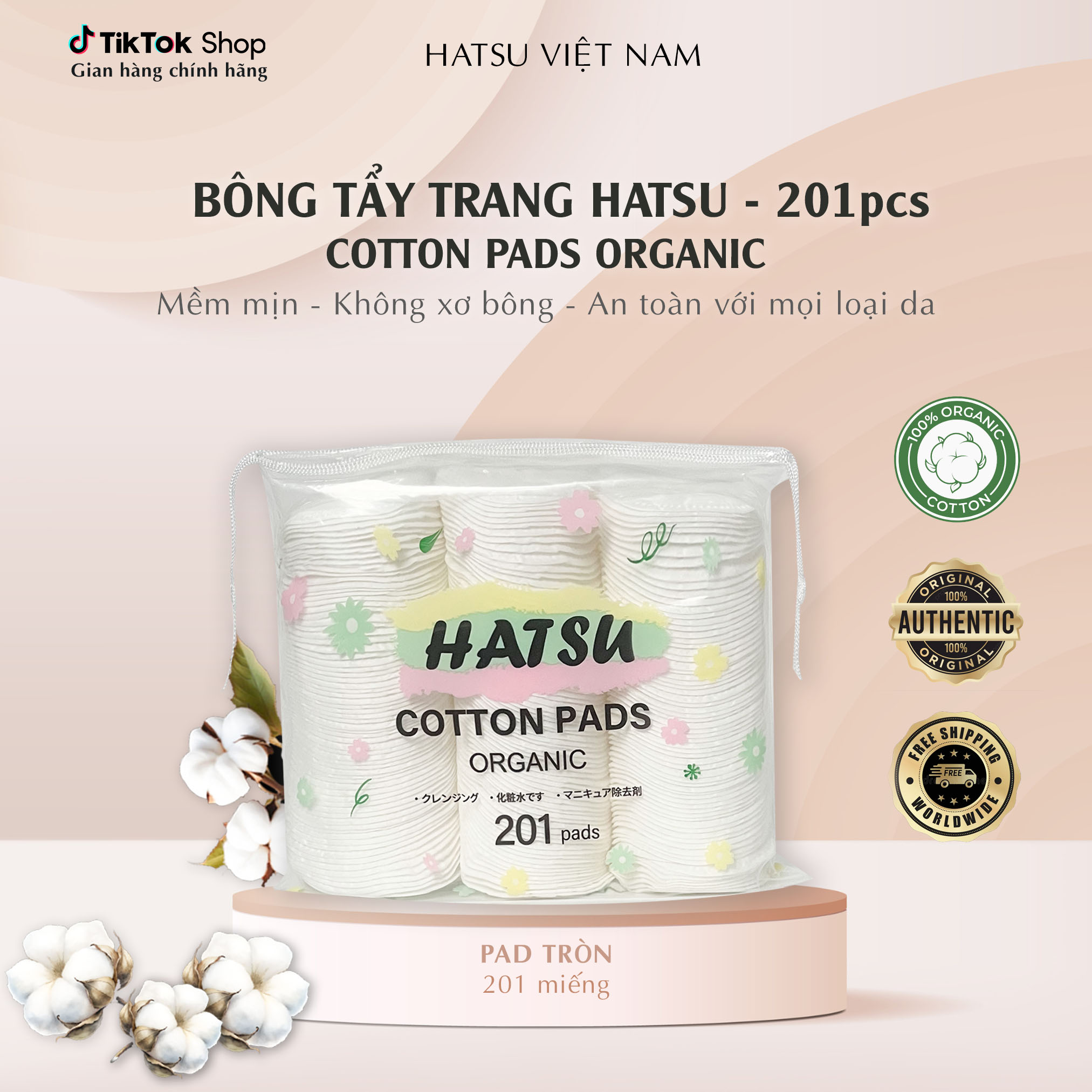Bông Tẩy Trang Cotton Pads Organic 201 Miếng Không Xơ Bông Mềm Mịn An Toàn Cho Mọi Loại Da